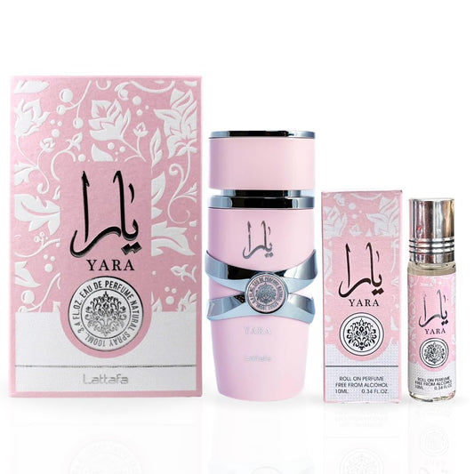 Lattafa Yara 2-piece Fragrance Bundle for Women (3.4 Oz Eau de Parfum Spray + 0.34 Oz Concentrated Perfume Oil)